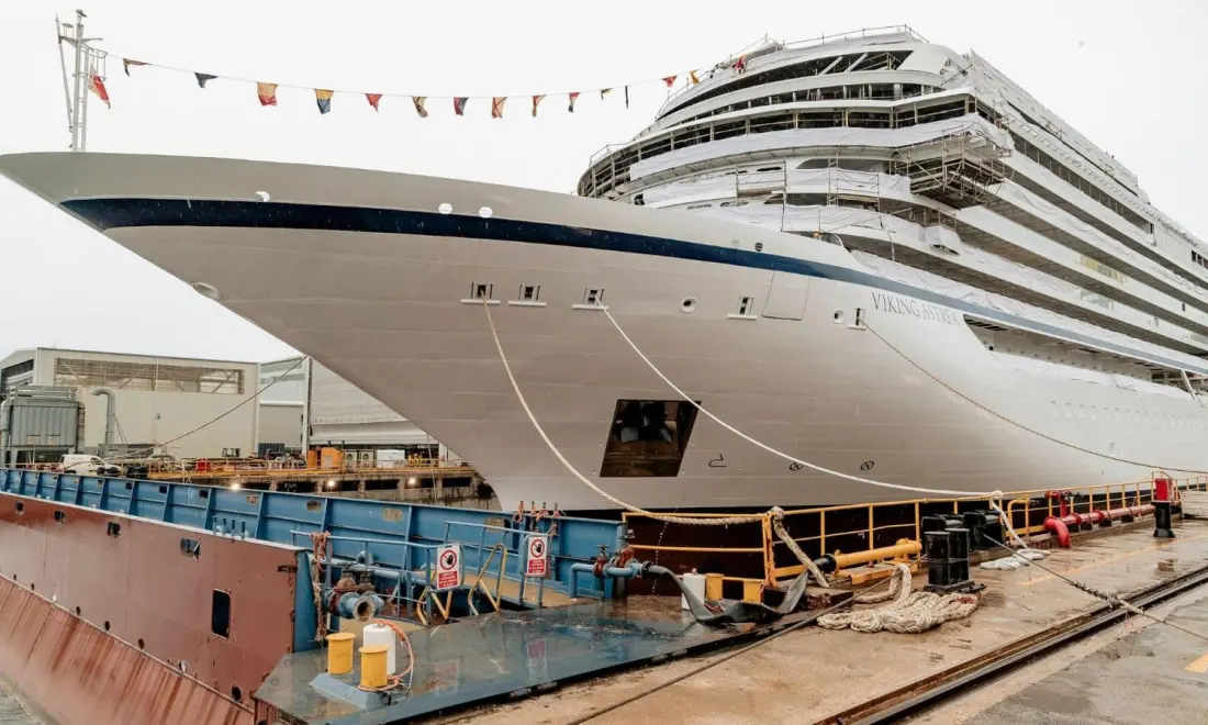 Viking Astrea floats out as the line's second hydrogen-capable cruise ship