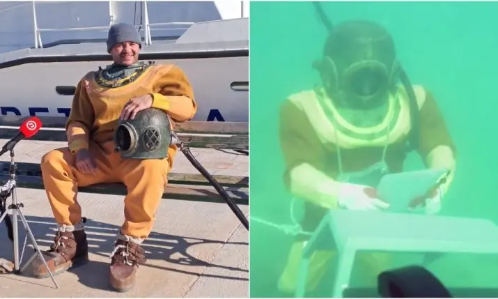 A diver in a 90kg copper helmet sent a message to world leaders from the seabed off Krapanj